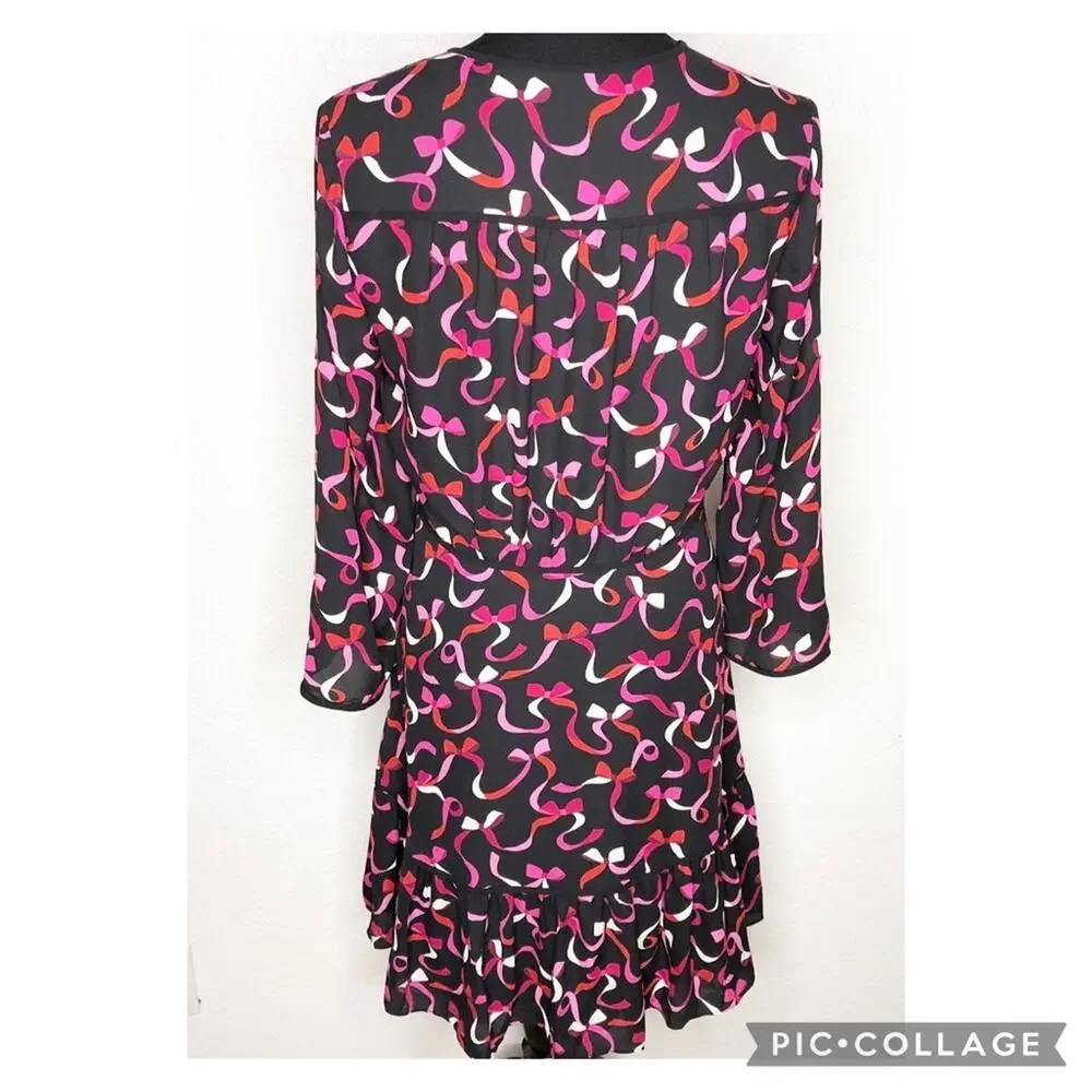 Kate Spade black red pink ribbon bow v neck dress size 6